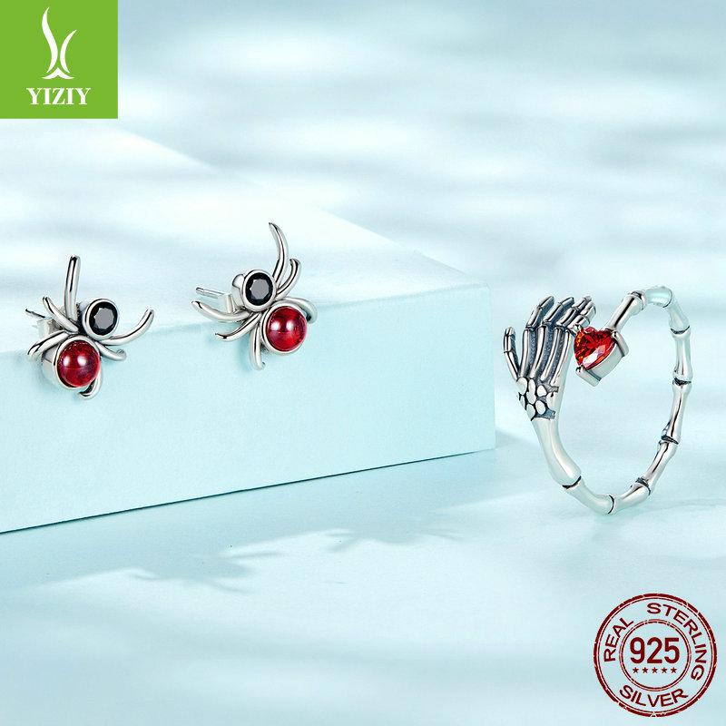 Set Cercei Inel Craniu Halloween, Vânt Întunecat Argint 925 Dragoste Lună Bijuterii