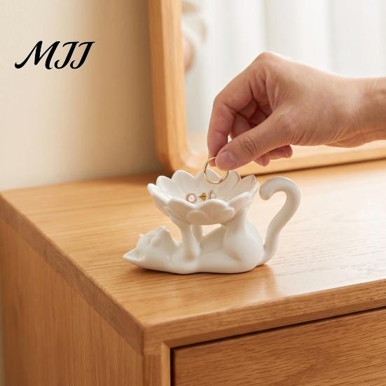 Gifts for Women Girls 3D Printed Lazy Lying Cat Lotus Jewelry Tray, Cute Figurine Desktop Organizer Tray Trinket Dish, Catchall Rings Earrings