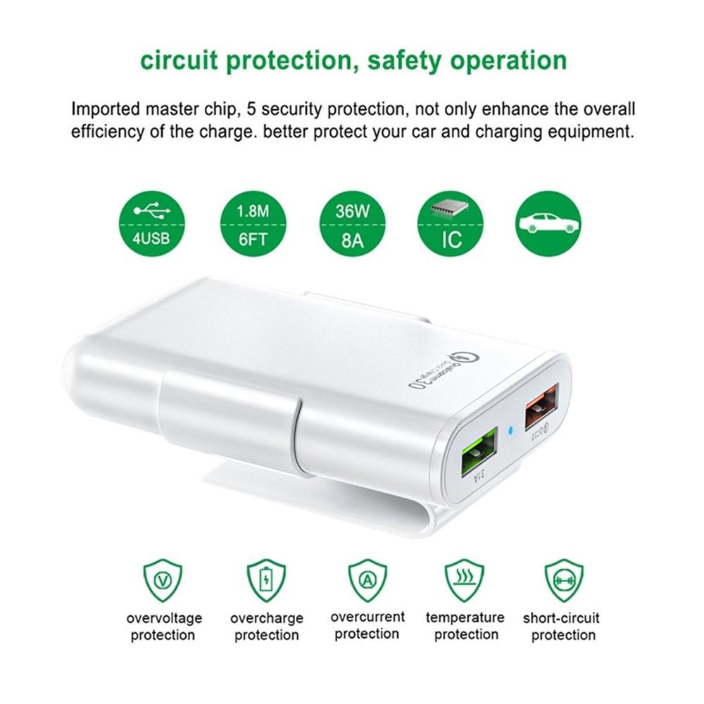 QC3.0 5.6 Ft Extension Cable 4-port USB Car Charger for Fast Charging for IPhone and Xiaomi Mobile Driving Recorder