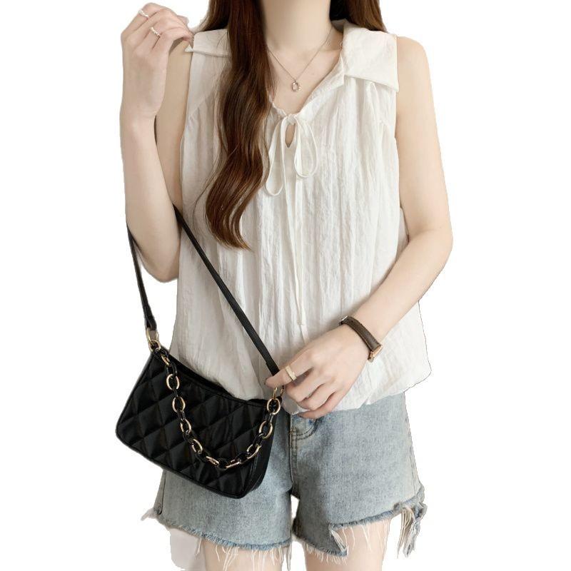 Large size drawstring bud shirt vest for women's summer new fashion age reduction and thin solid color versatile sleeveless top for women