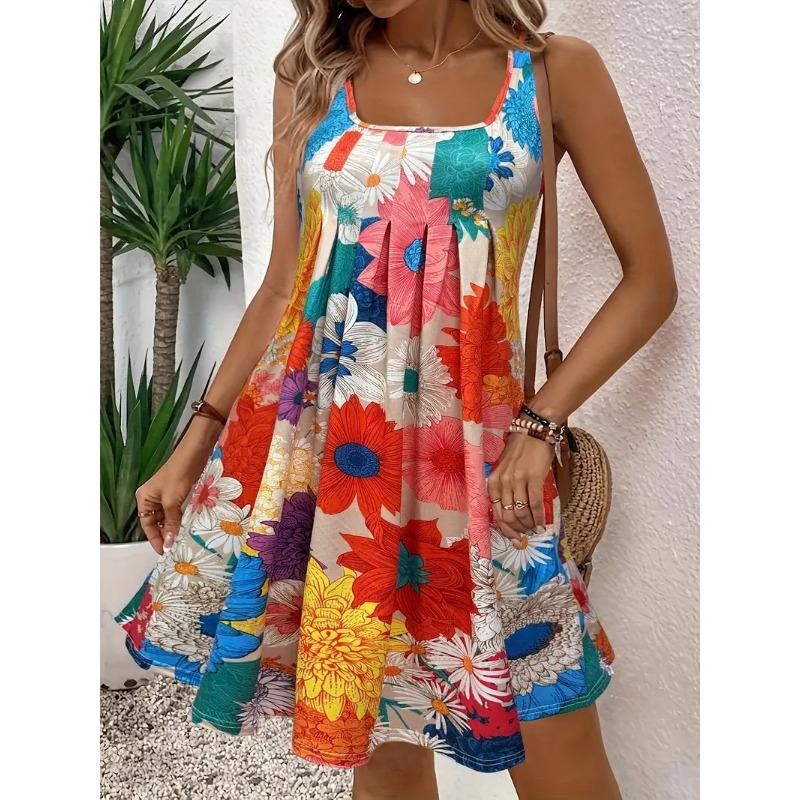 

YYFS Женские модные летние весенние платья кэжуал с цветным блочным принтом, без рукавов, с квадратным вырезом, свободной линией талии XXXXXL