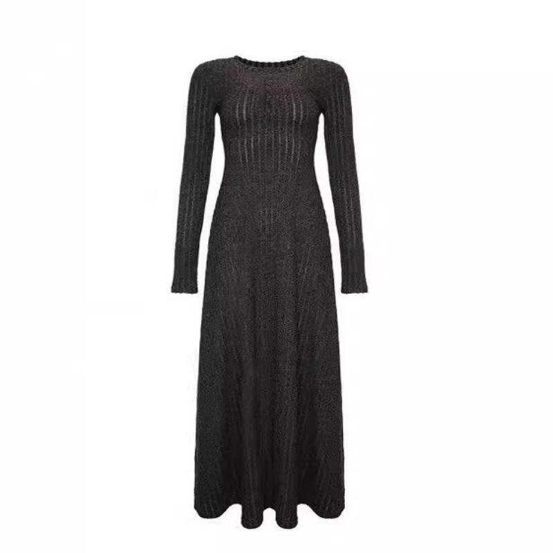 Gray long-sleeved knitted dress women's spring high-end feeling waist drape pit strip temperament long dress