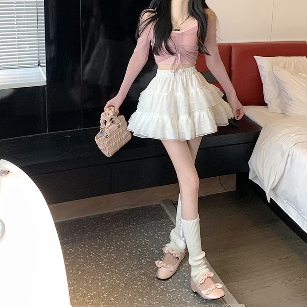 OIUYUE Summer Layered Ruffle Voluminous and Fluffy Tutu White Lace Slimming Women's Skirt, Mass-Produced Skirt, Skirt, Skirt, (Q White)