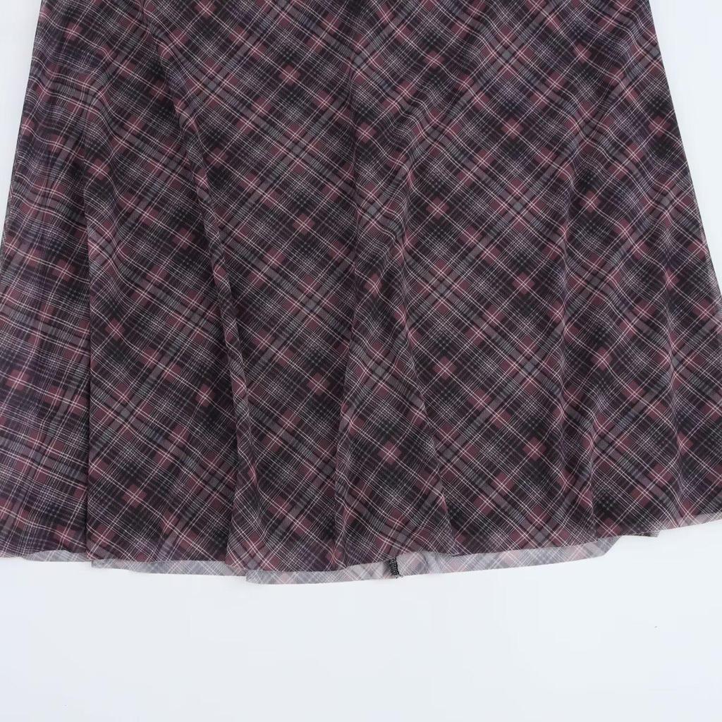 2025 Spring Women's Slim Plaid Silk Midi Skirt - Casual, Elegant, High Waist