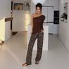 Akiyo Studio Western Style Gyaru Leopard Print Straight Casual Trousers Fashionable Low Waist Lace Draping Effect Trousers