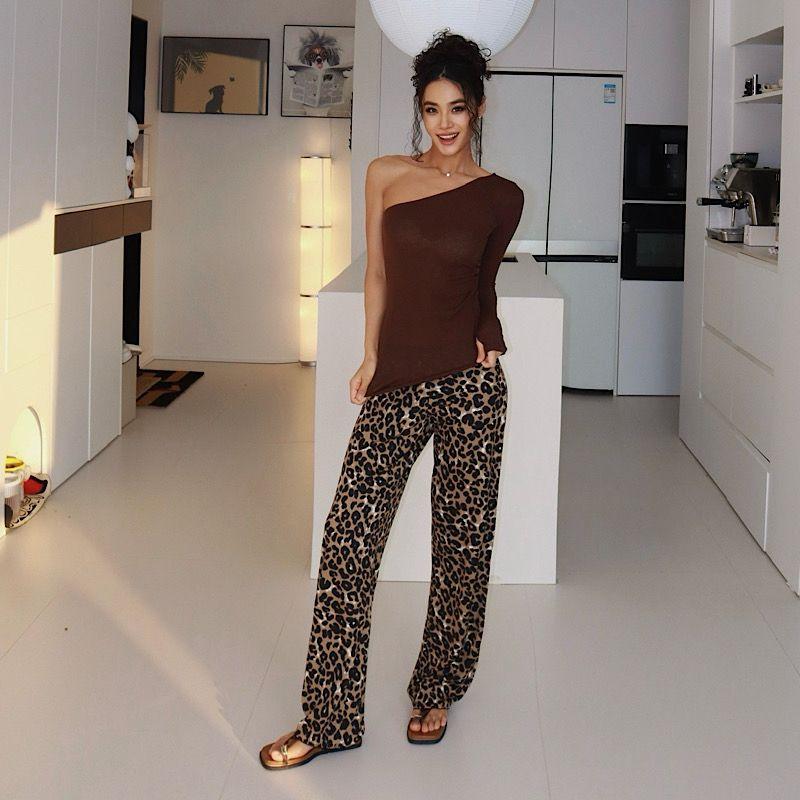 Akiyo Studio Western Style Gyaru Leopard Print Straight Casual Trousers Fashionable Low Waist Lace Draping Effect Trousers