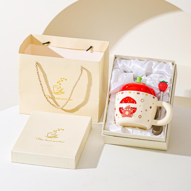 Erdbeerbär Keramiktasse mit Deckel für Mädchen Geschenk Tasse für Haushalt Becher Hochwertig Aussehende Paar Milch Frühstückstasse