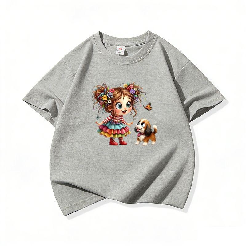 Kids Cotton T Shirt Girl Wear Colorful Dress With Puppy Dog Print Crew Neck Short Sleeve Tee Casual Boys Girls Summer Tops