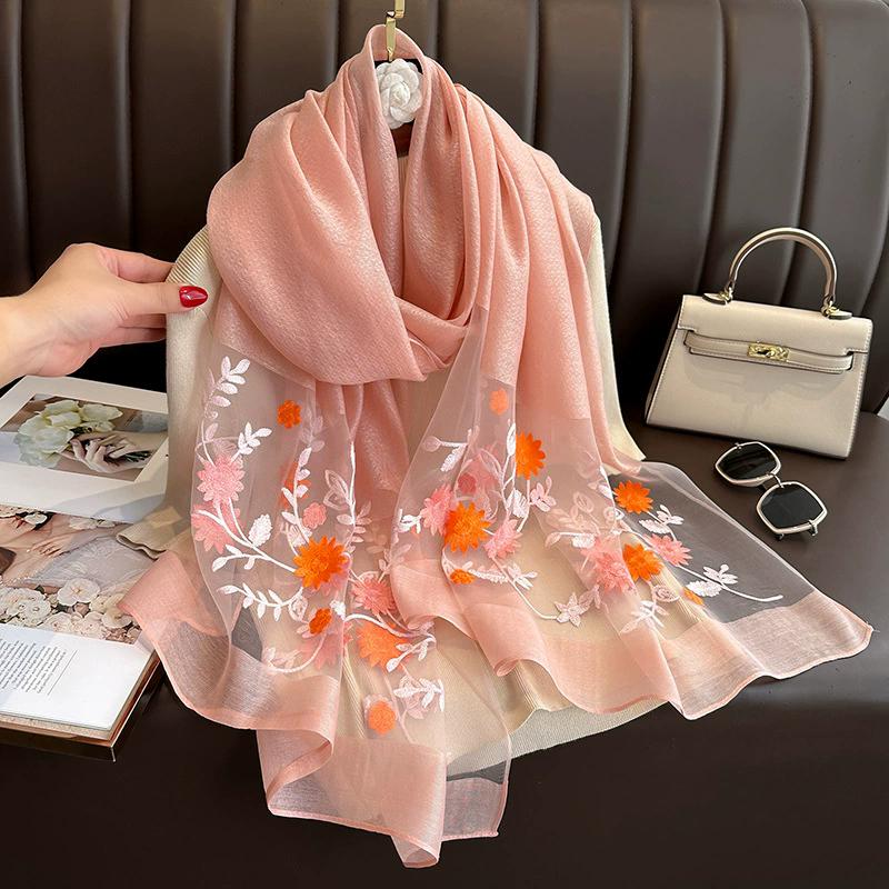 Floral Embroidery Elegant Silk Scarf Simulated Silk Soft Thin Shawl Scarf Solid Color 180*70Cm Beach Uv Protection Turban