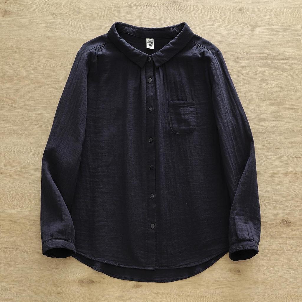 Pure Cotton Women's Lapel Pleated Blouse - Solid Color, Long Sleeve, Double Layer Yarn, Spring/Autumn.