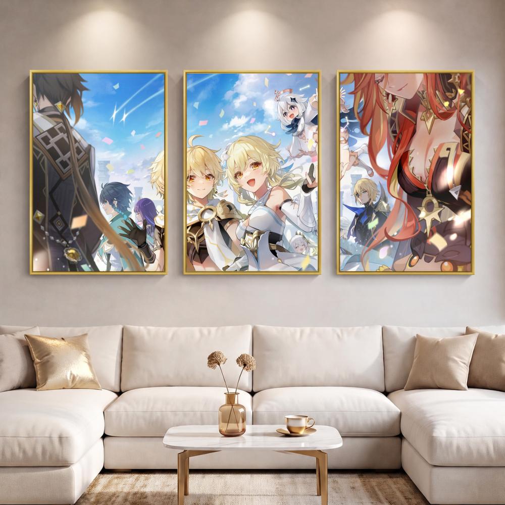 Lumine Genshin Impact Painting Calligraphy 3 PCS Canvas Wall Art for Living Room Bedroom Prints Decor Modern Wall Decals