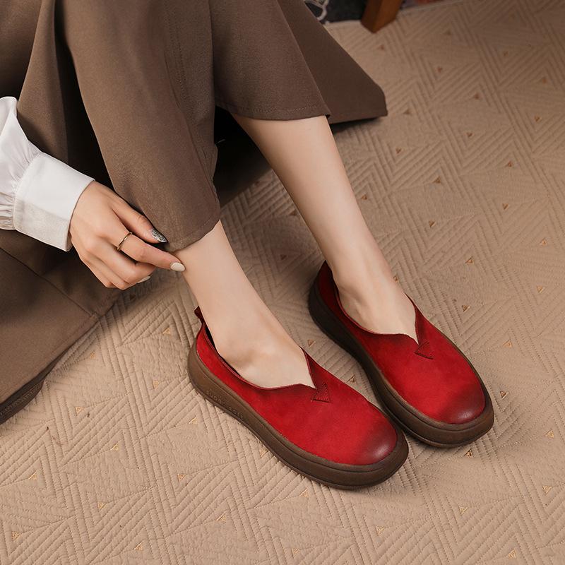 Autumn new first-layer cowhide women's shoes retro literary round head single shoes women's leather thick sole