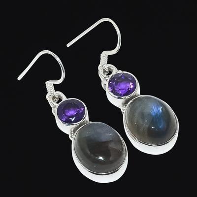 Natural Labradorite,Amethyst 925 Solid Sterling Silver Gift Earring 1.38" Z4F35