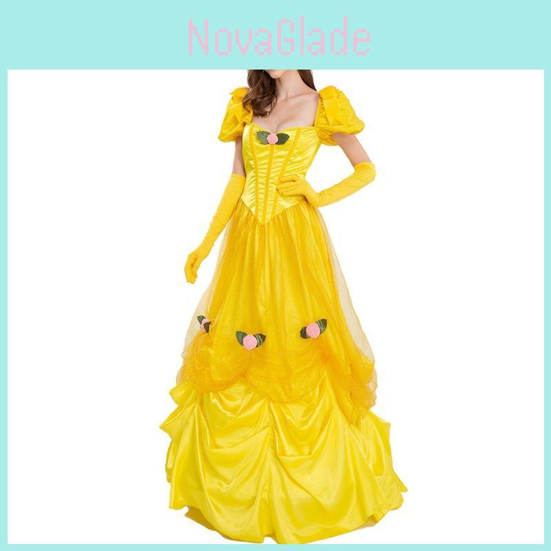 Elegant Yellow Princess Dress For Halloween Costume Featuring Belle Fairy Tale Design