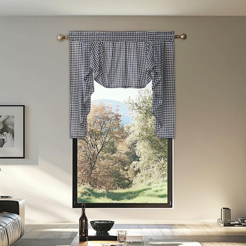 Elegant Tiered Valance Curtain With Lace Trim Rod Pocket Semi-Sheer Floral Checkered Living Room Bedroom