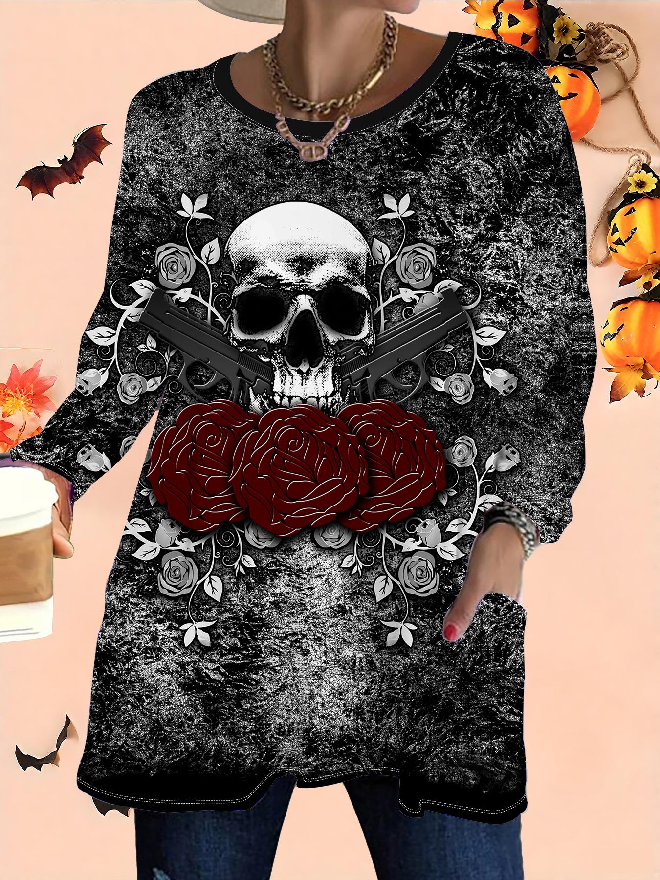 

2025 Осень Зима Новые Женские Топы Большого Размера, Модные Футболки с 3D-принтом на Хэллоуин с Круглым Вырезом и Длинным Рукавом 1XL чёрный