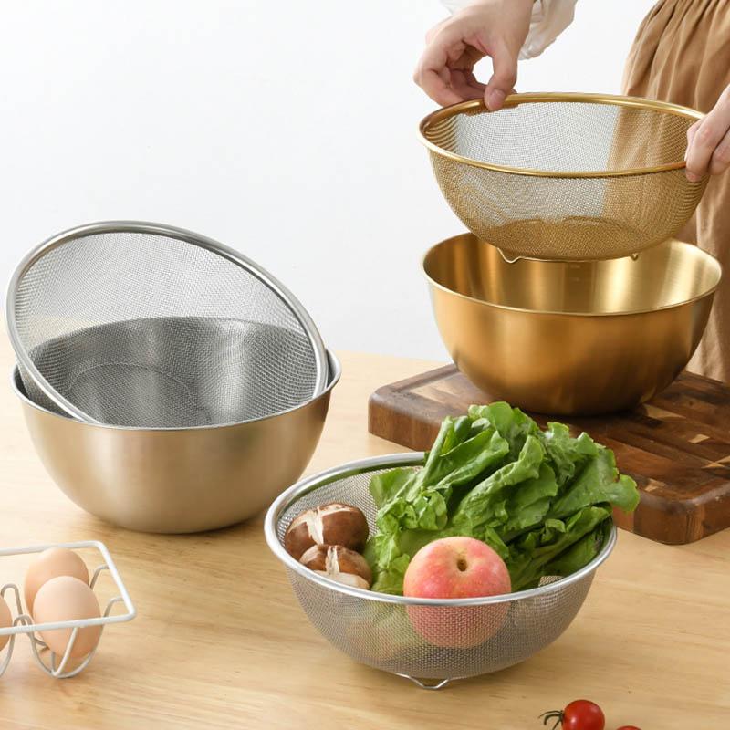 2Pcs/Set Stainless Steel Strainer Washing Bowl Basket Thicken Drainage Basin Vegetable Fruit Baskets Home Kitchen Utensils