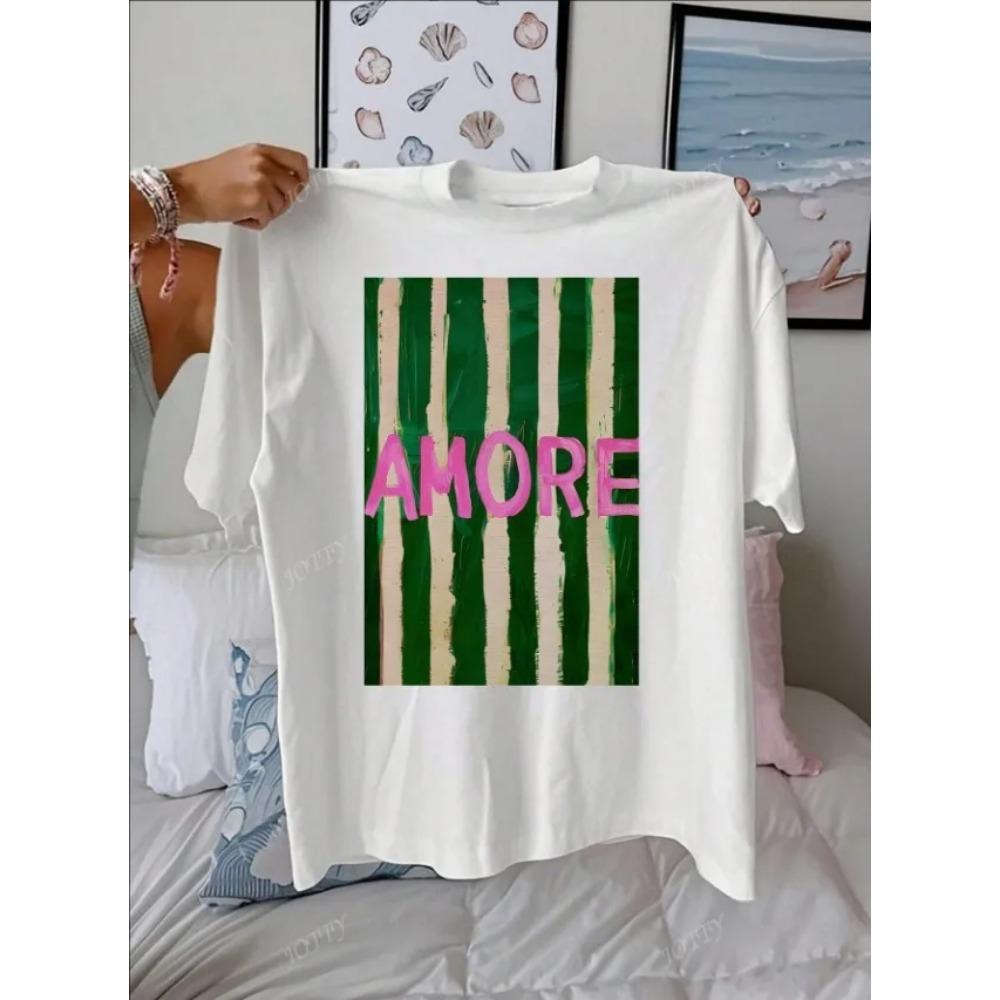 AMORE Gestreiftes Kunstmuster Sommer Outfits Damen Lässig Rundhals Kurzarm Damen T-Shirt Tops