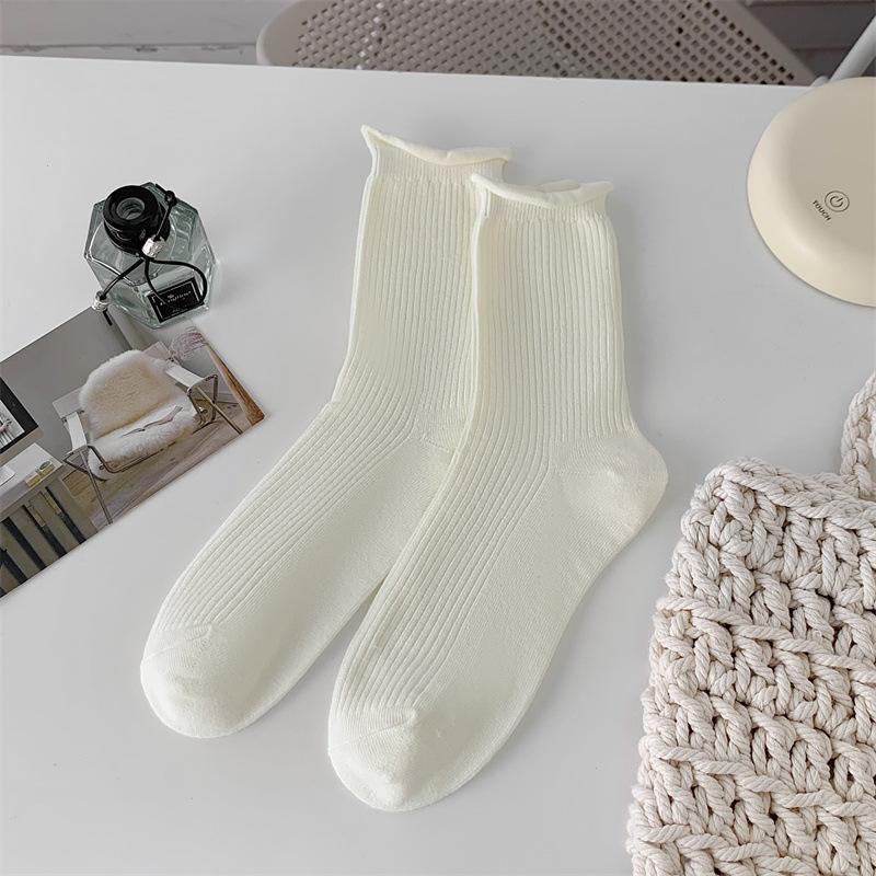 Rolowane Skarpety z Puszystej Bawełny dla Kobiet, Skarpety Bawełniane do Połowy Łydki Jednokolorowe na Wiosnę i Jesień, Beżowe Proste i Uniwersalne Długie Skarpety, Lato