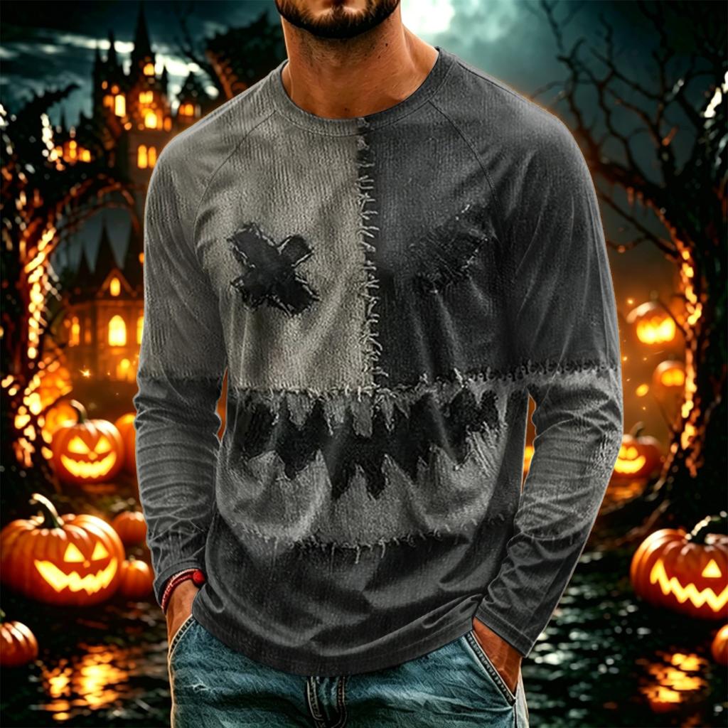 Men's Halloween Printed Neck Lightweight Long Sleeve T-Shirt for Casual Wear