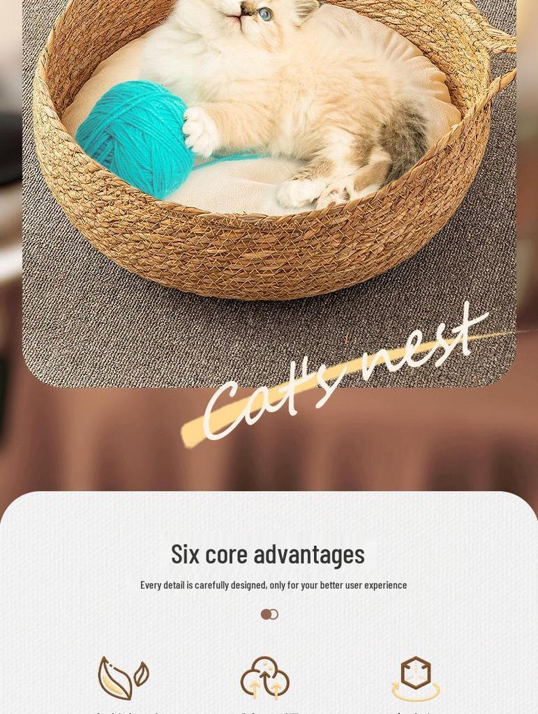 Four Seasons Rattan Cat Nest: Cozy Straw-Weaved Bed for Cats & Small Dogs