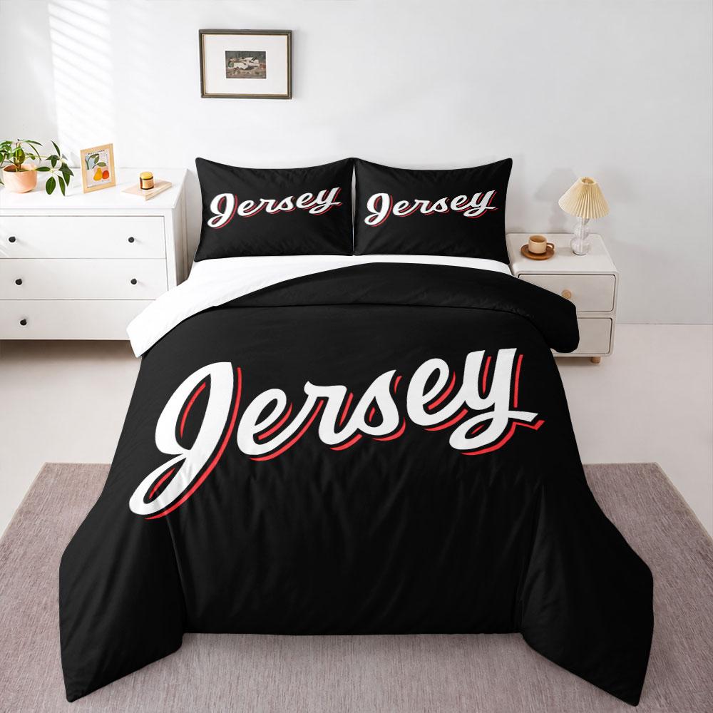 Jersey Vintage Script Wordmark Bedding Set, White Red Outline Black Retro Typography Duvet Cover Set