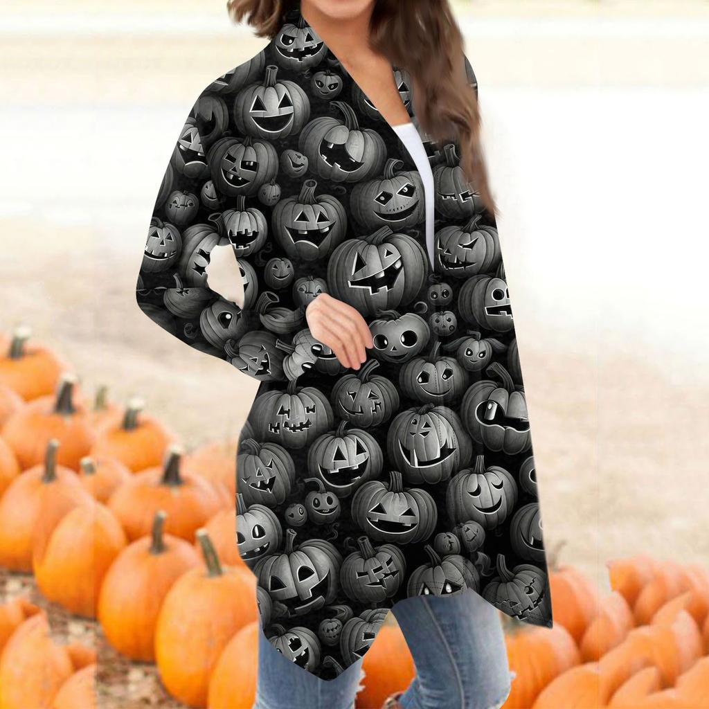 Moda damska Casual Halloweenowy nadruk średniej długości kardiganowy płaszcz