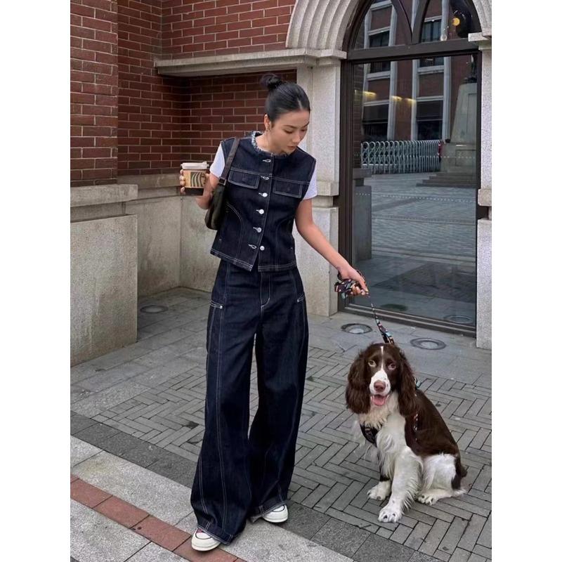 

Light Mature Suit for Women Autumn Cool Casual Wear Denim Vest Slim Wide-leg Pants Versatile Two-piece Trendy Set S синій