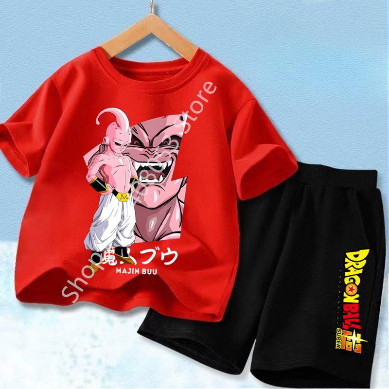 Dragon Ball Son Goku Anime T-shirt Set Kids Short Sleeve Pocket Shorts Ventilate 2-piece Set Boys Girls Cartoon Clothing