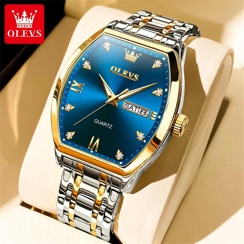 OLEVS Brand Fashion Tonneau Dial Quartz Watch for Men Stainless Steel Waterproof Luminous Week Date Watches Relogio Masculino