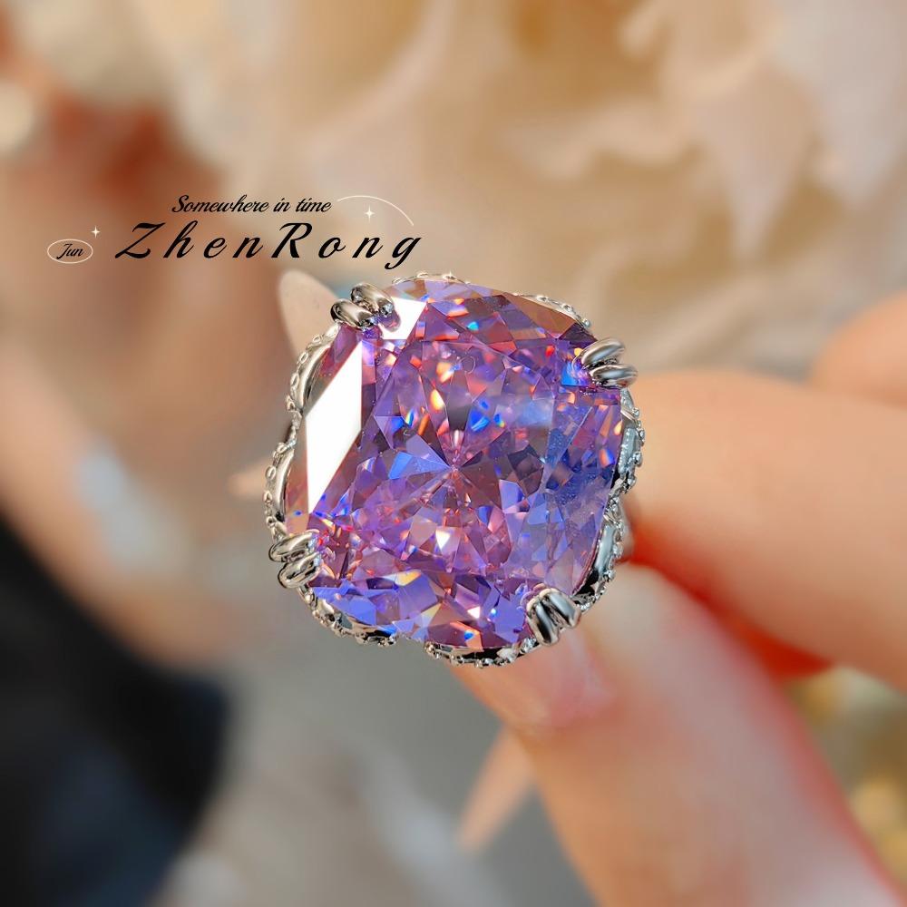 

Fashion Open Ring Vintage Padparadscha Ice Cut Design with Kunzite and High Carbon Diamond Elegant Sweet for Women adjustable