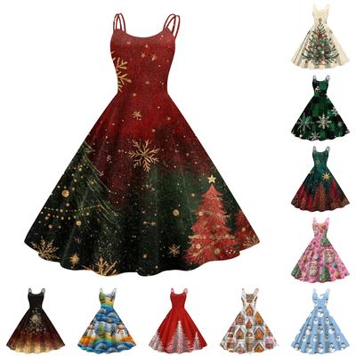 Kindermode Lässig Weihnachts-Print Sexy Schulterfrei Punk Retro Kleid