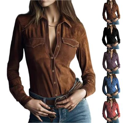 Women's Fashionable Color Lapel Long Sleeved Button Up Shirt Top