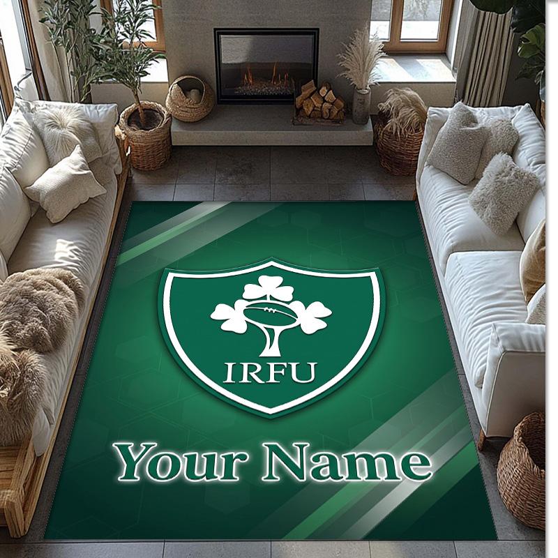 Ireland Rugby Crystal Velvet Rug, Custom Name Text Personalized Non‑Slip Floor Mat for Home Decor Gift