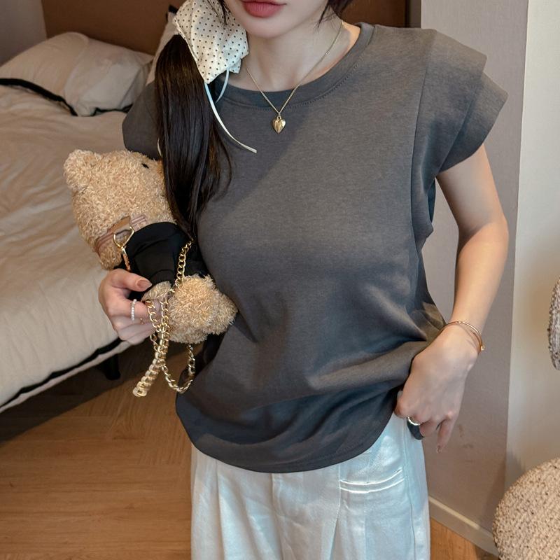 

Summer new solid color loose and versatile casual wide T-shirt women s slim and thin round neck design sleeveless top Xl (suitable for weight 65-75kg )