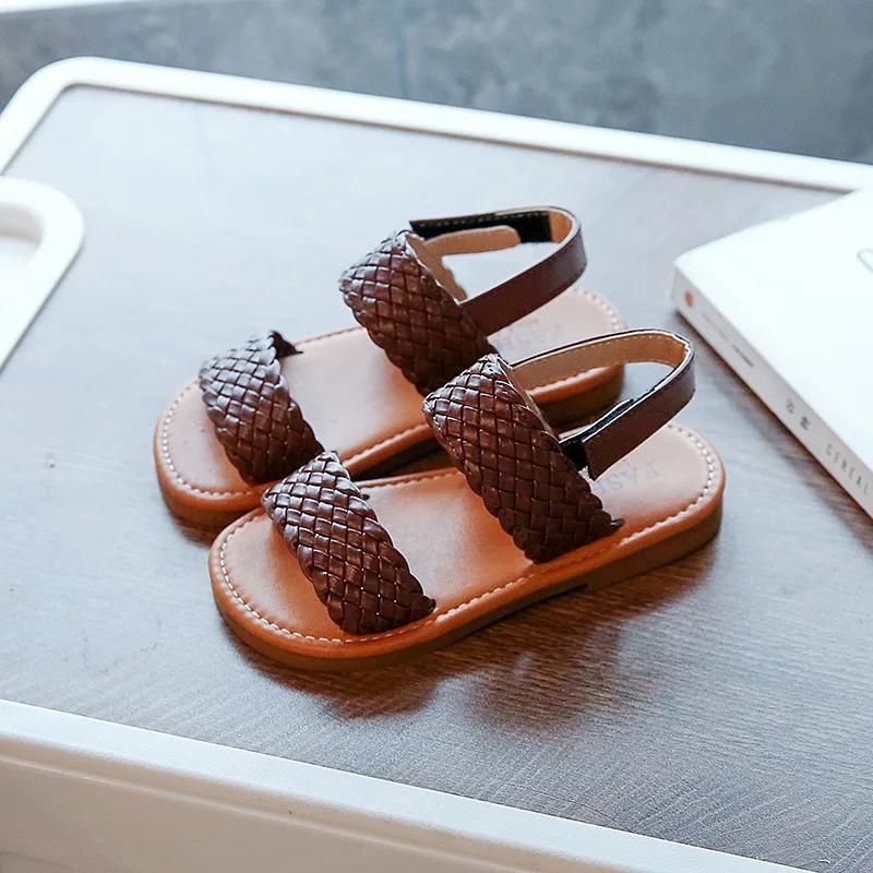 

New Toddler Shoes Girl Summer Braided Vacation Beach Children Sandals Retro Weave Kids Sliders Back Strape Slingback Shoe G12286 21 коричневый