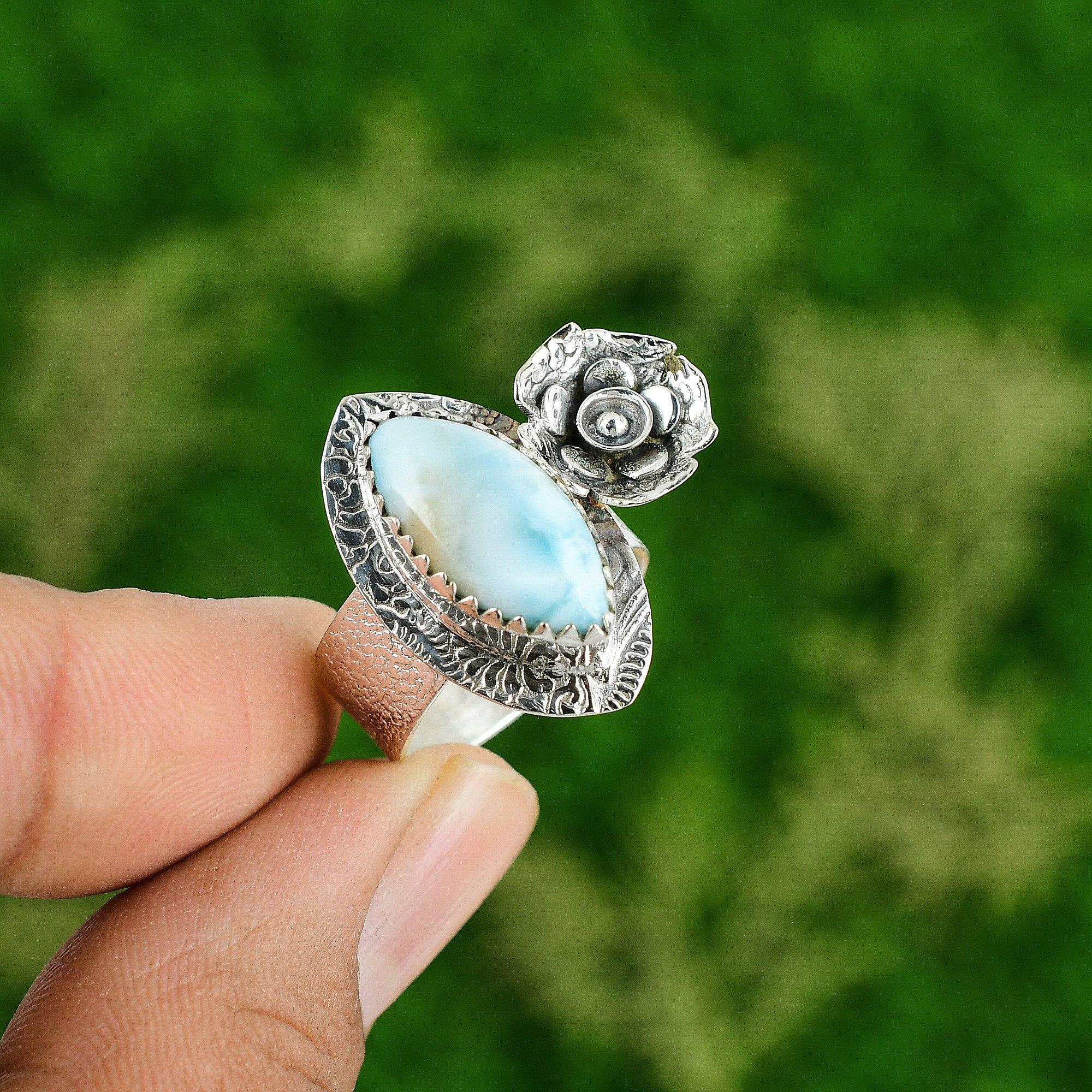 

Natural Larimar Gemstone Promise Flower Ring Size 8 925 Silver For Women 8