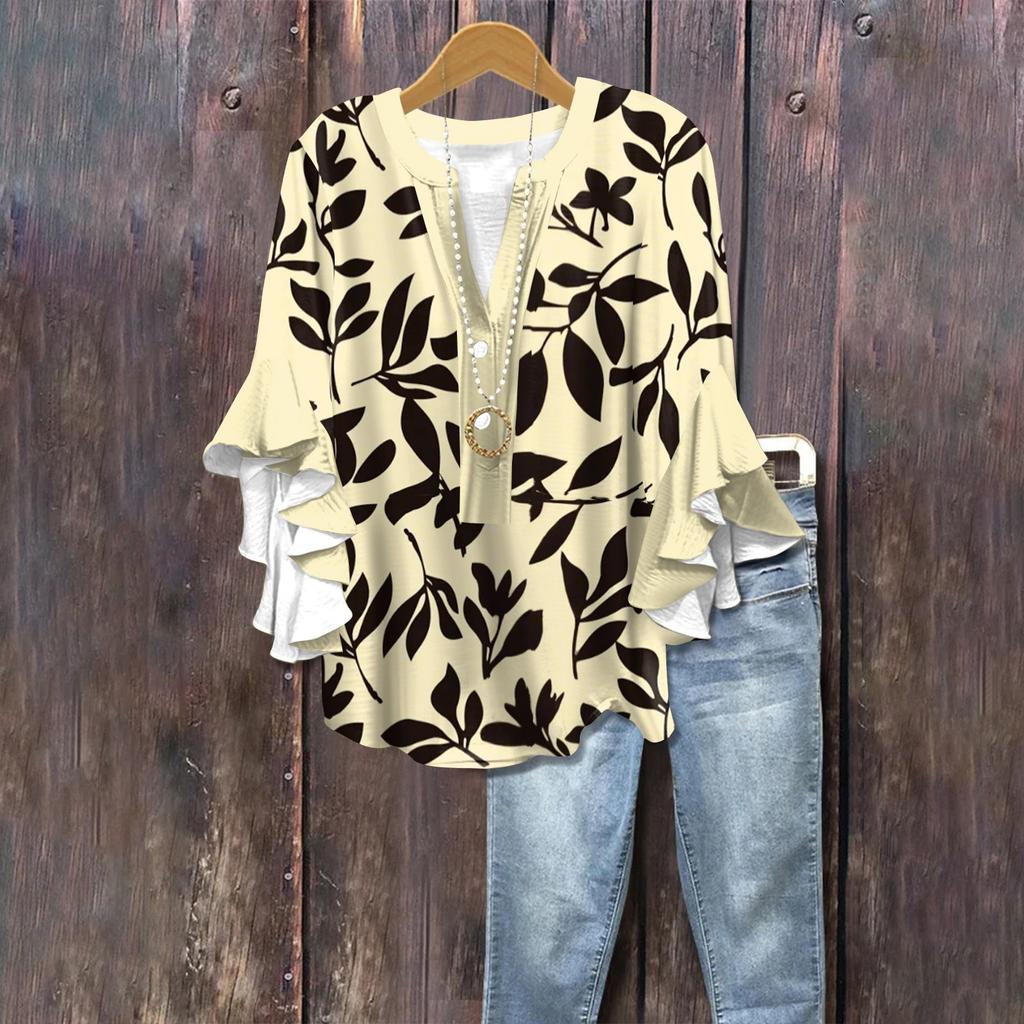 Summer Tops For Women Cute V Neck 3/4 Sleeve Blouses Floral Print Top Casual Shirts