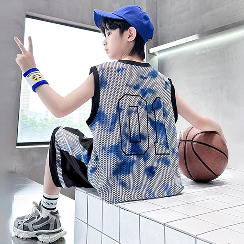 Boys Summer Quick Dry Basketball Vest Suit 5-14 Years Fashion Sleeveless T-shirt + Shorts 2-piece Kids Thin Sports Set