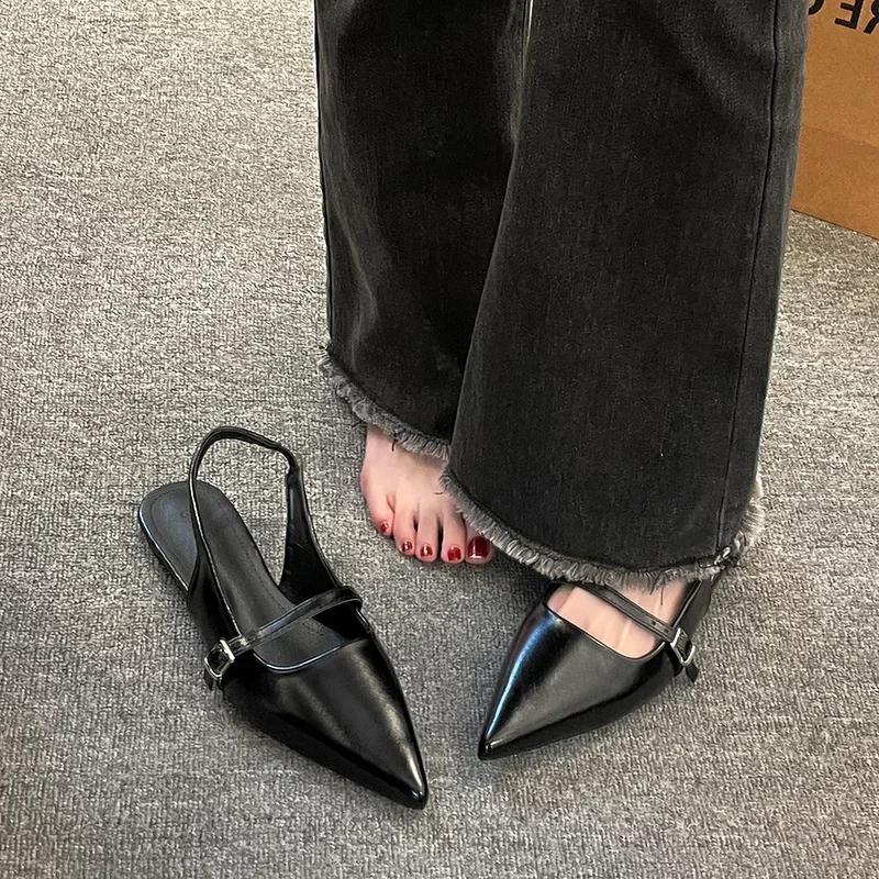 Fashion Sandals for Women 2025 New French High-end Pointed Toe Low-heeled Single Shoes Slip-on Temperament Baotou Flat Shoes for Women's