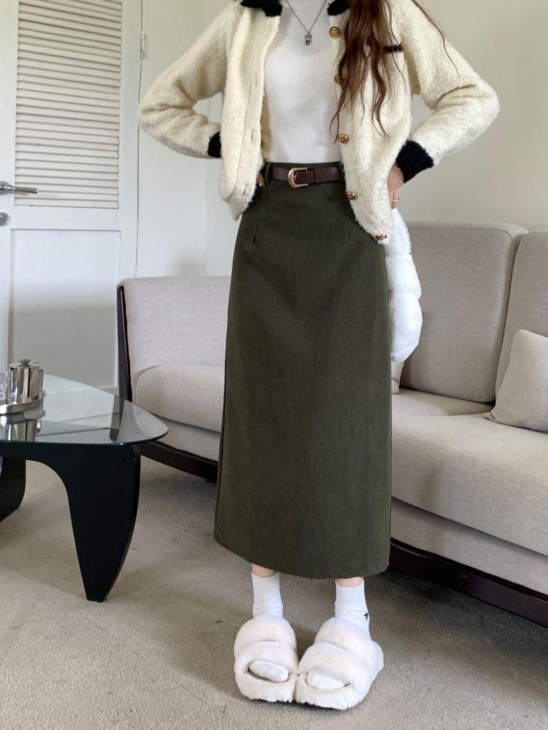 Gonna midi in velluto a coste rétro a vita alta da donna - Vestibilità slim, Design autunno/inverno, Linea ad A dritta che copre i fianchi
