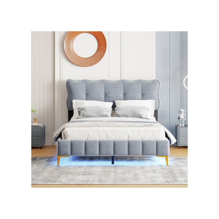 Lit Double - MUVOE - 140 X 200 Cm - Éclairage LED - Tissu Velours - Montage Facile