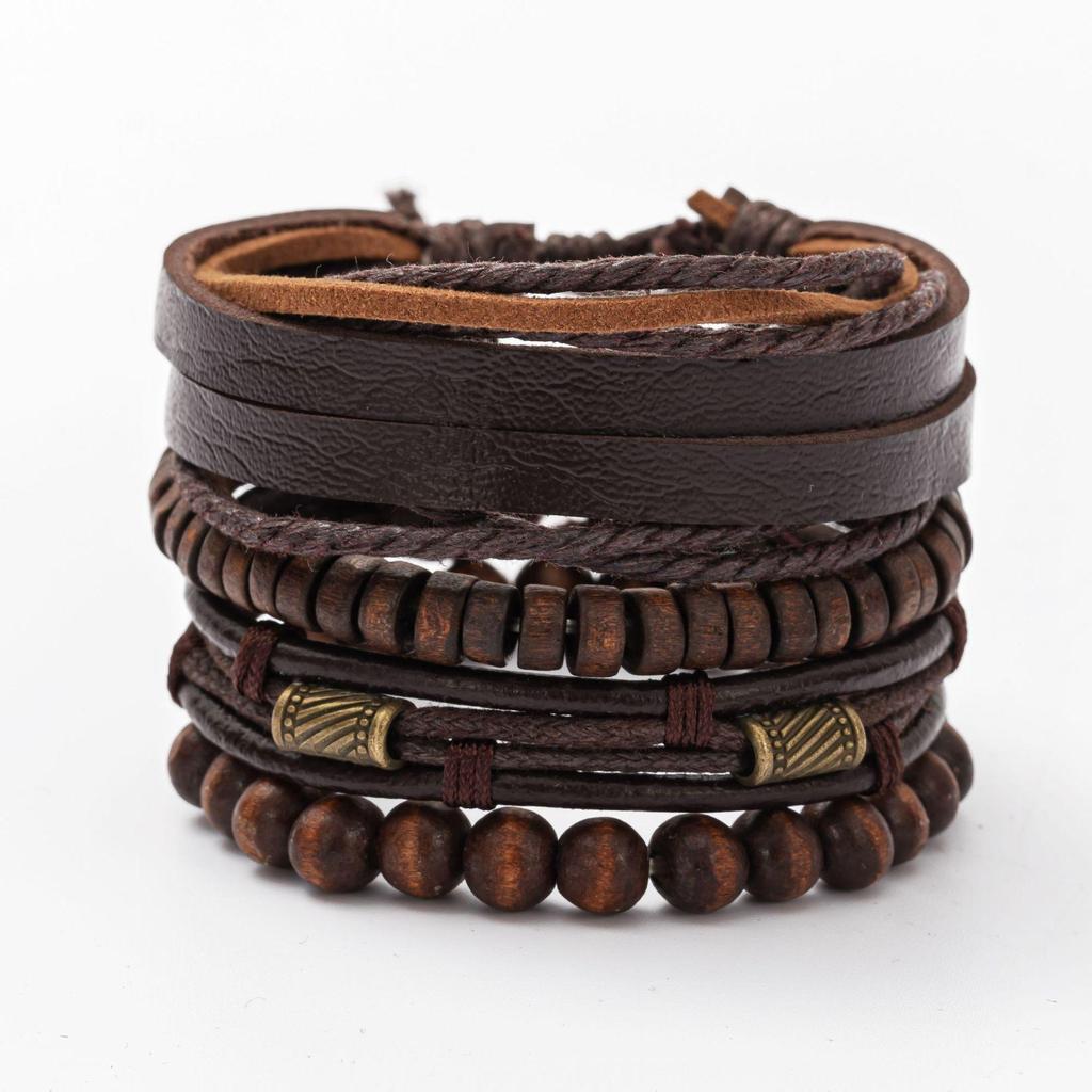 Men's Retro Multi-Strand Cowhide Anchor Bracelet Set with Wood Beads