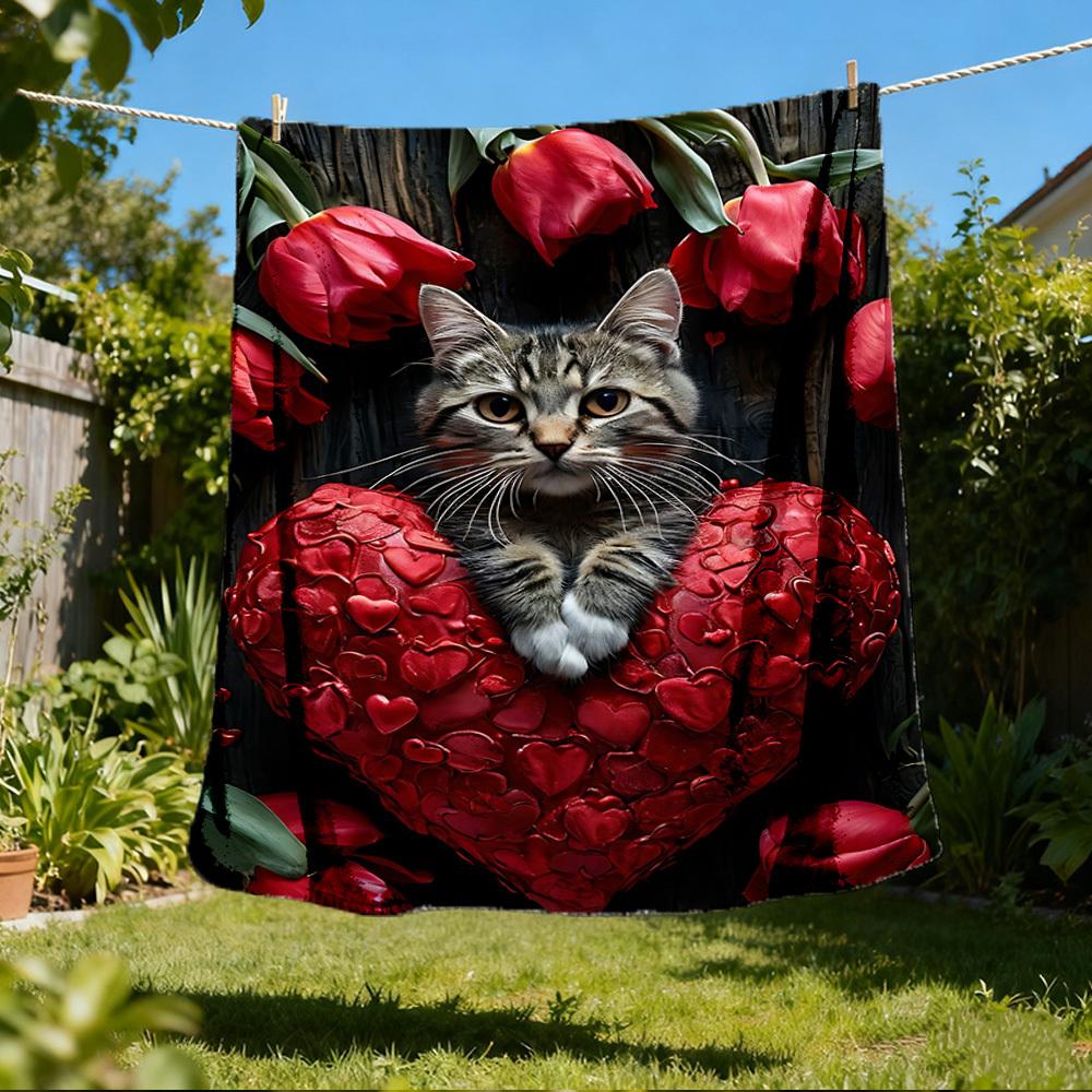 

1pc Cat Heart Tulips Outdoor Flannel Blanket , Machine Washable Perfect Gift for Birthday , Holiday Travel Accessory , Durable Material 80x120cm