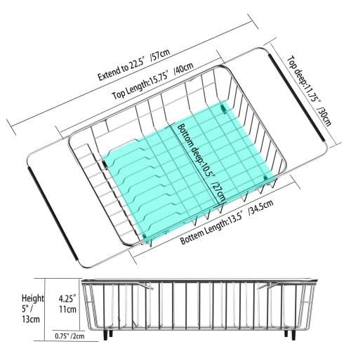 SANNO Expandable Dish Drainer, Sliding Dish Drainer, Kitchen Rack with Cutlery Holder, Stainless Steel