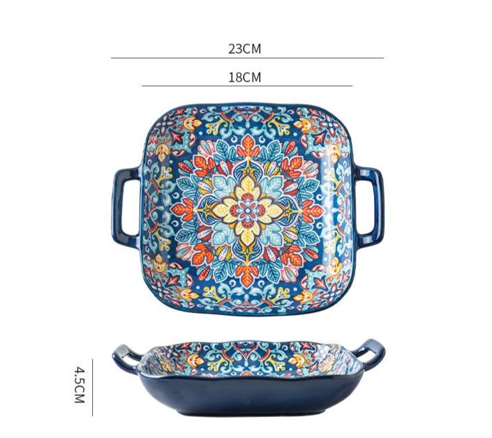 Double Eared Square Bohemia Retro Ceramic Dinner Plates Set Household Tableware Set Breakfast Plates Salad Soup Bowls Dinnerware
