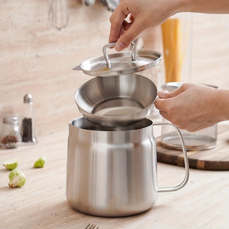 Stainless Steel Oil Filter Pot with Lid Thickened Kitchen Frying Oil Separator Grease Storage Bottle No Drip