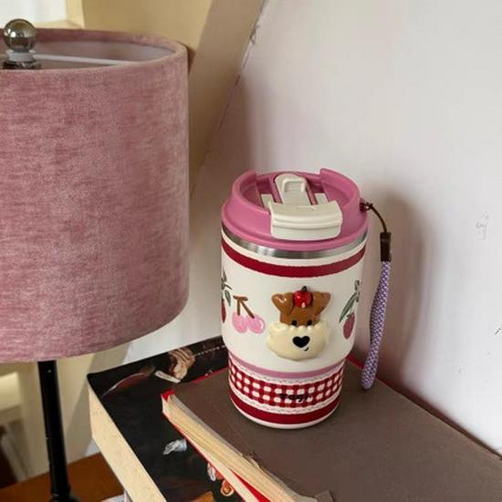 Popcorn Tragbarer Isolierbecher mit Doppeltrinkhalm Edelstahl