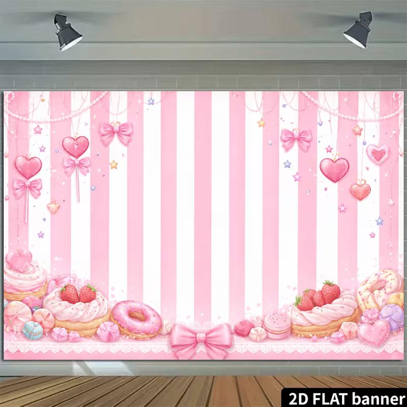 2D Cute Pink Candy Shop Backdrop Sweets Donut Party Photography Background
