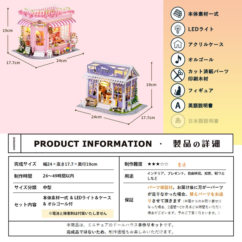 moin moin Dollhouse Miniature DIY Kit Scale Instructions Pink Flower Shop Antique Design with Cherry and Rose LED Light Music Box Acrylic Case Set,